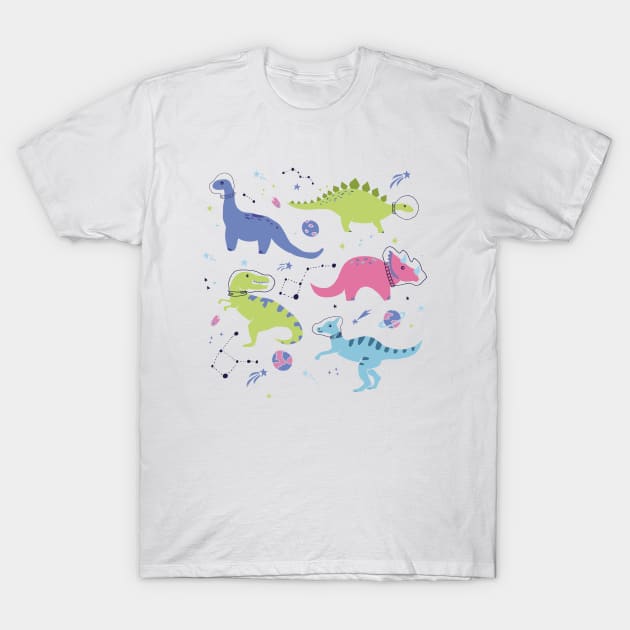 Space Dinosaurs in a Purple Sky T-Shirt by latheandquill